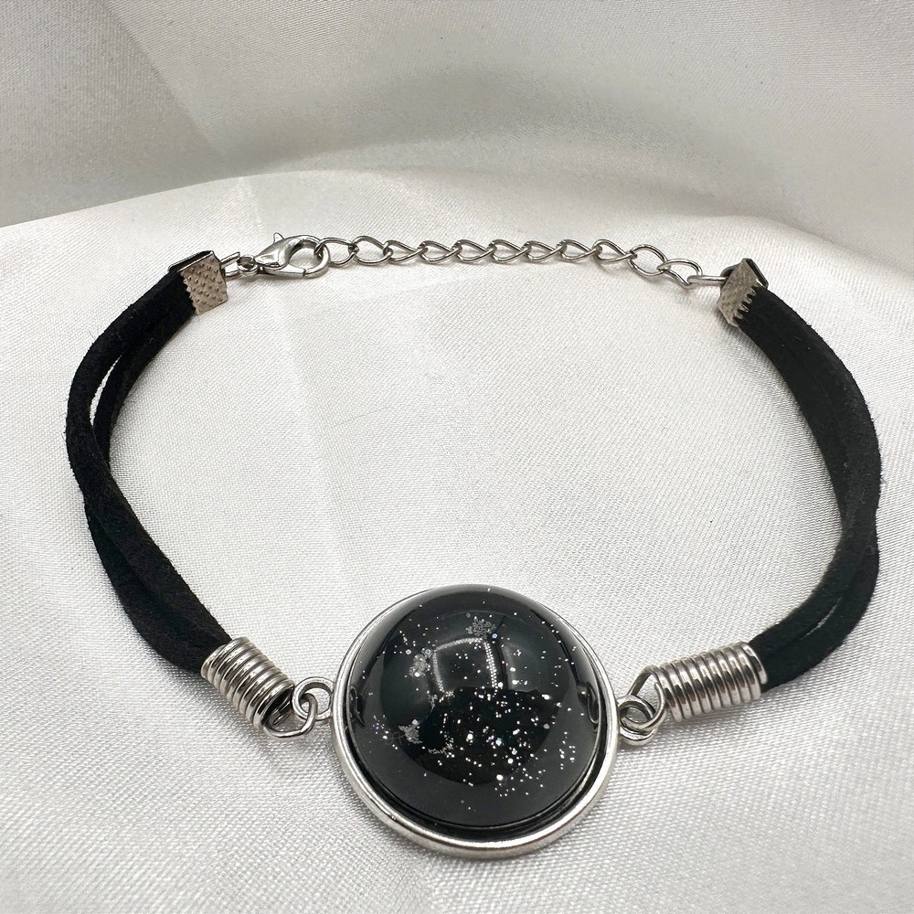 Vintage Y2K Black Suede Cord Galaxy‎ Glass Cabochon Bracelet Silver Tone Jewelry